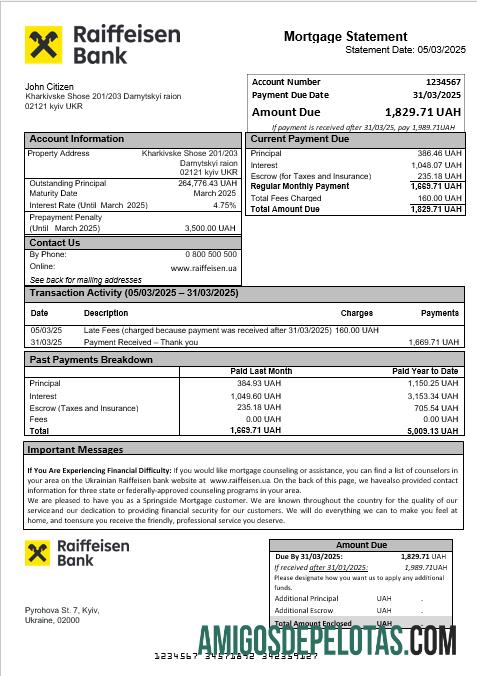 Extrato de hipoteca do banco Raiffeisen ucraniano em formatos Word e PDF exemplo real